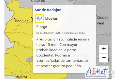 Activada la alerta amarilla por lluvias en varias comarcas de Badajoz